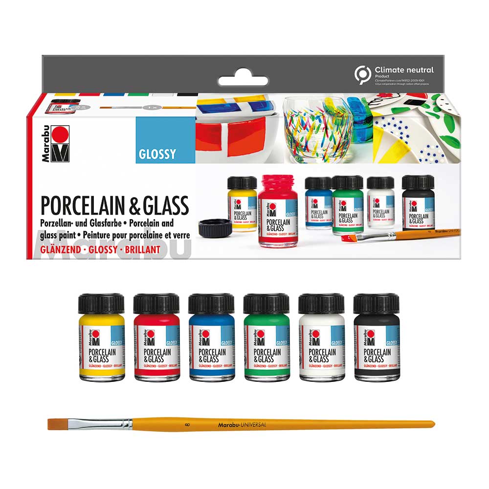 MARABU Porzellan- und Glasfarben Starter-Set Glossy 6 x 15 ml inkl. Pinsel