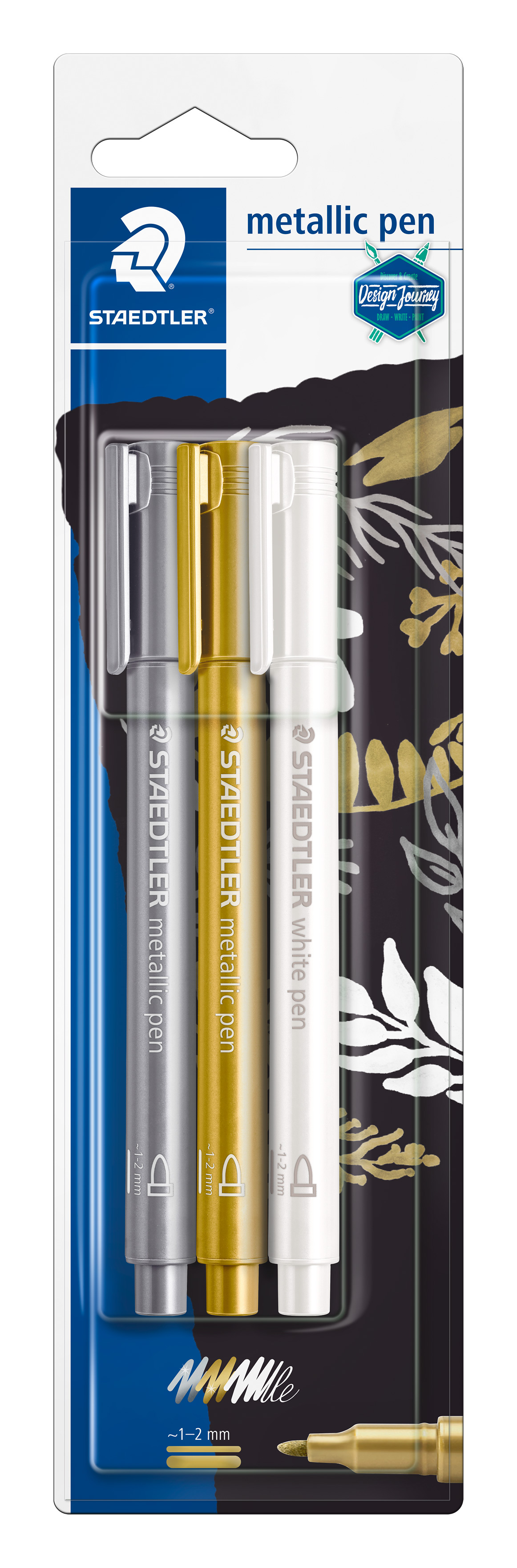 Drei Metallic-Stifte in Silber, Gold und Weiß. Verpackung zeigt florale Muster.