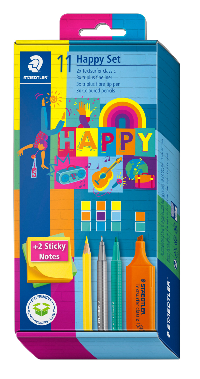 Bunt verpacktes Set mit Schreibutensilien. Enthält Textmarker, Fineliner, Buntstifte und Haftnotizen.
