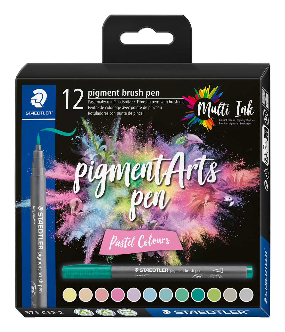 Schachtel mit 12 Pastell-Faserstiften. Stifte haben Pinselspitze. Bunte Farbexplosion im Hintergrund. Aufschrift 'pigmentArts pen'.