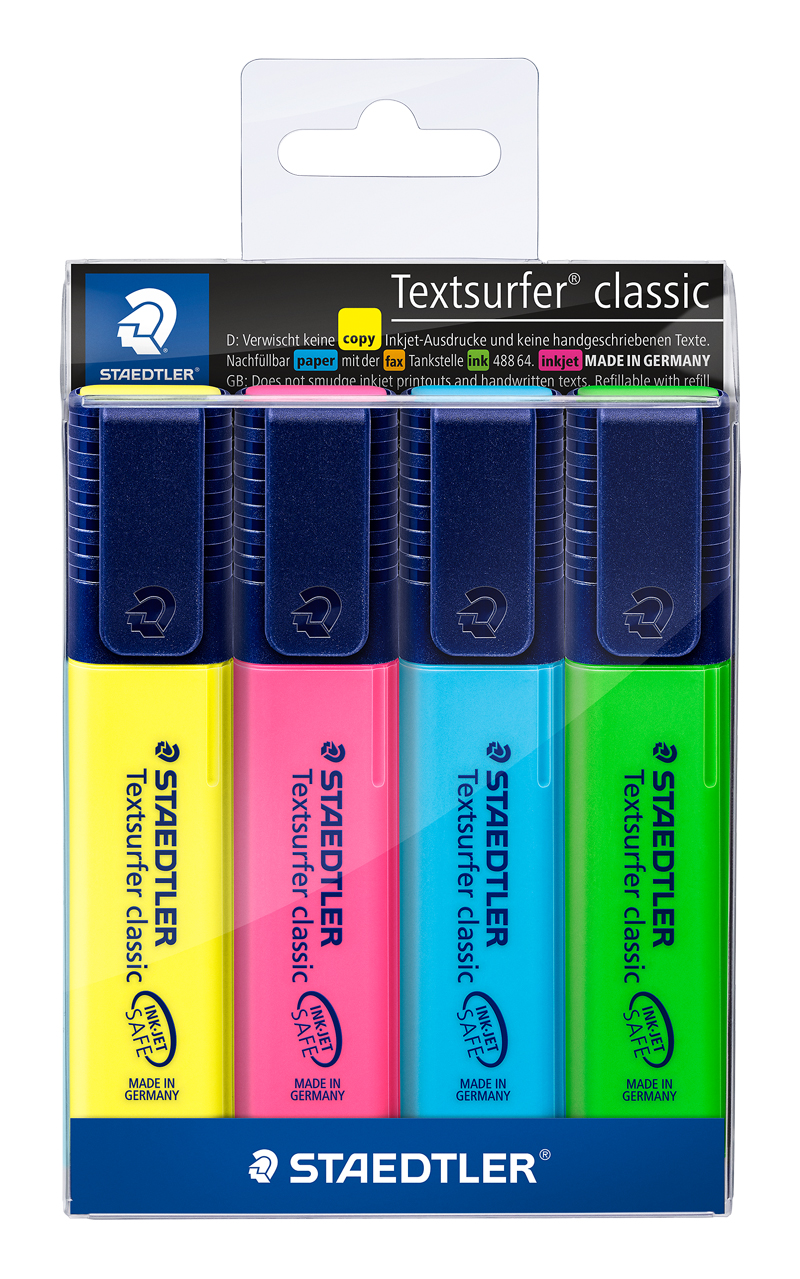 Set von vier Textmarkern in verschiedenen Farben. Die Marker sind in einer transparenten Verpackung.