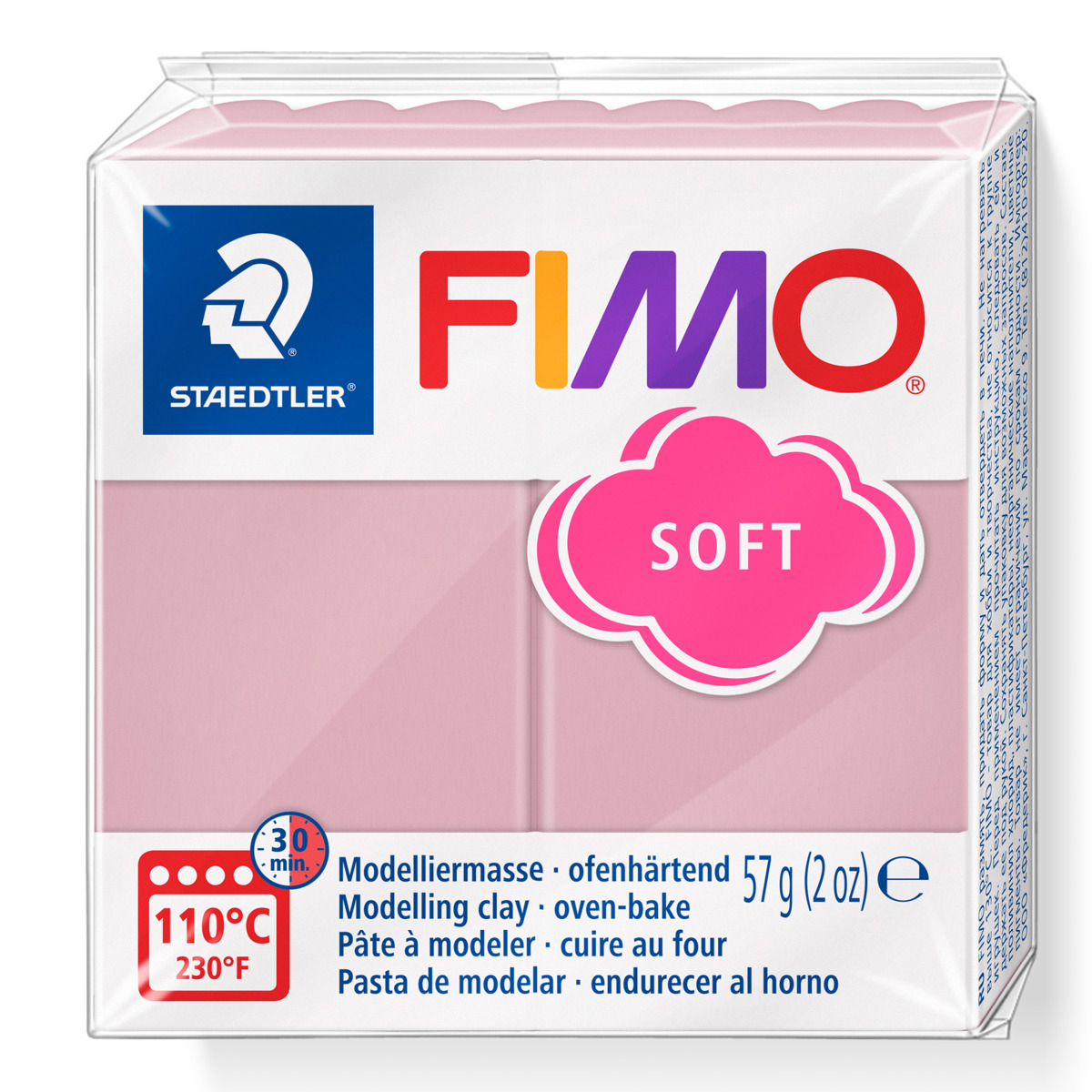Fimo Soft Modelliermasse in rosa. Verpackung mit Logo und Temperaturangabe.