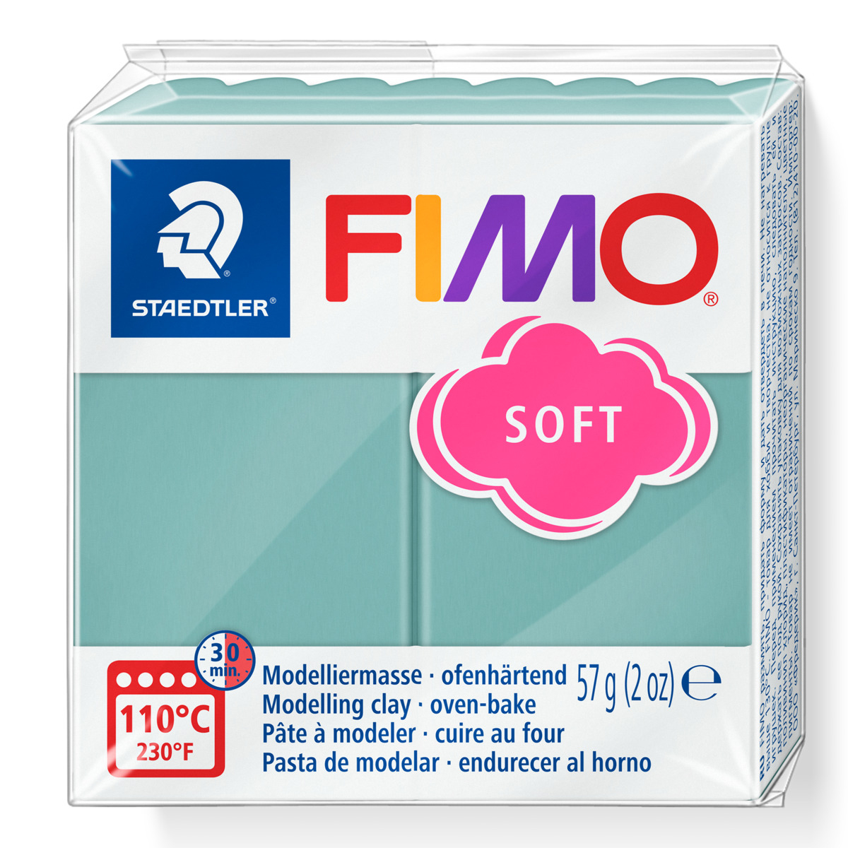 FIMO Soft Modelliermasse in mintgrün. Verpackung mit Informationen zur Anwendung und Temperatur.