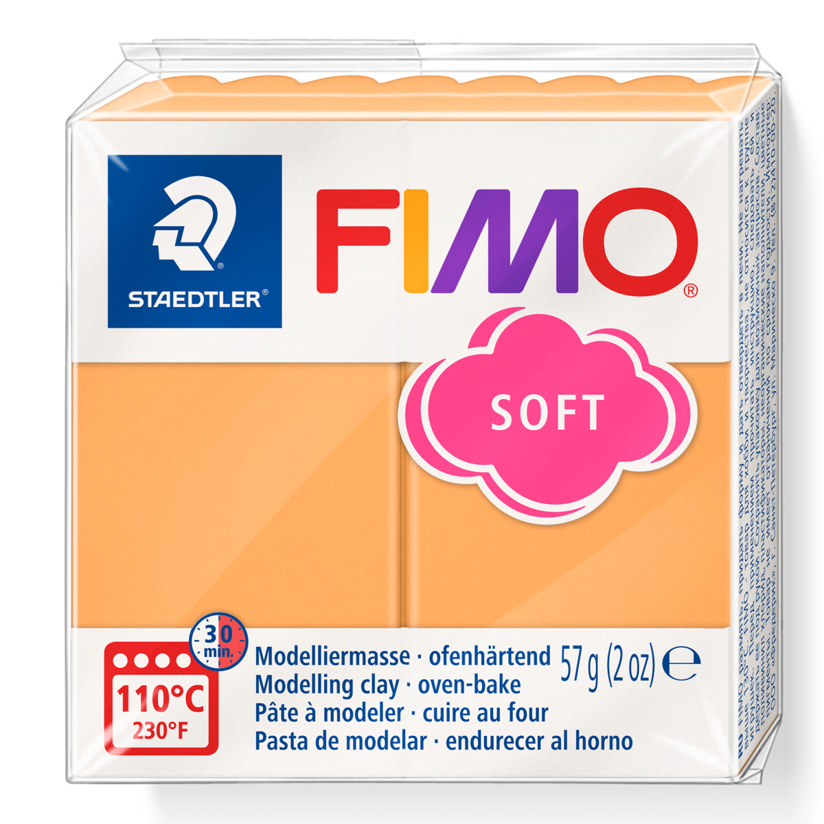 FIMO Soft Modelliermasse in orange. Verpackung zeigt Logo und Temperaturangaben.