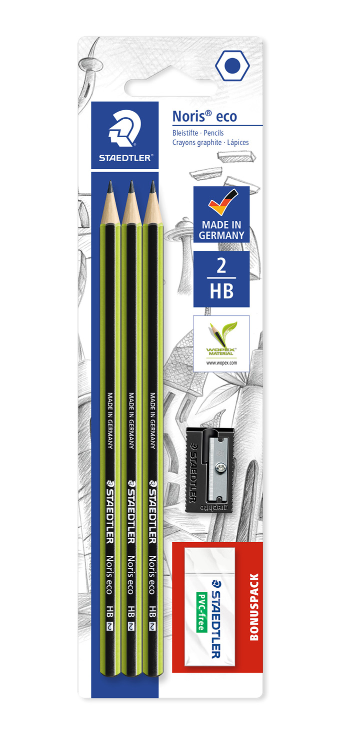 STAEDTLER® Bleistift HB Noris® eco inkl. Radierer und Spitzer 3 Stück
