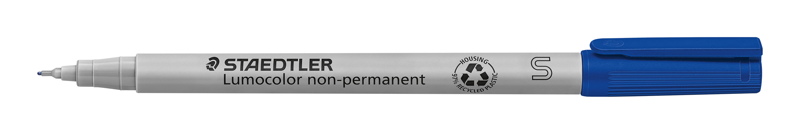 Grauer Marker mit blauer Spitze. Beschriftung 'Lumocolor non-permanent'.