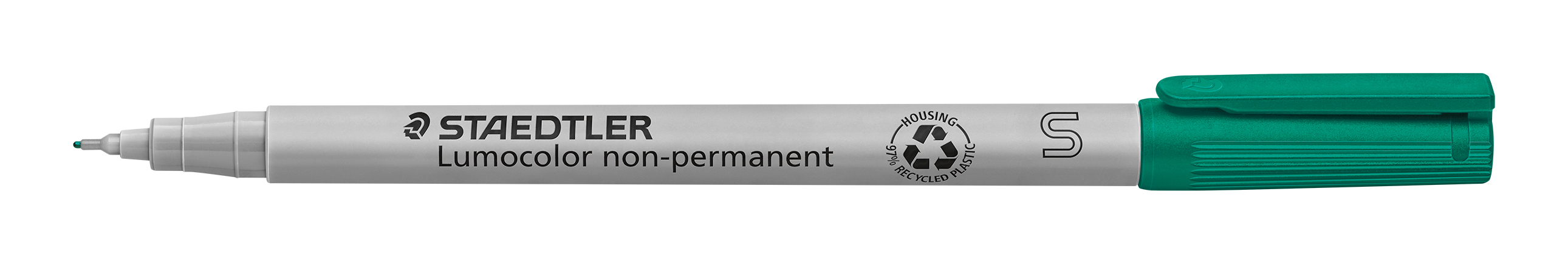 grauer Marker mit grüner Kappe. Beschriftung 'Lumocolor non-permanent'.