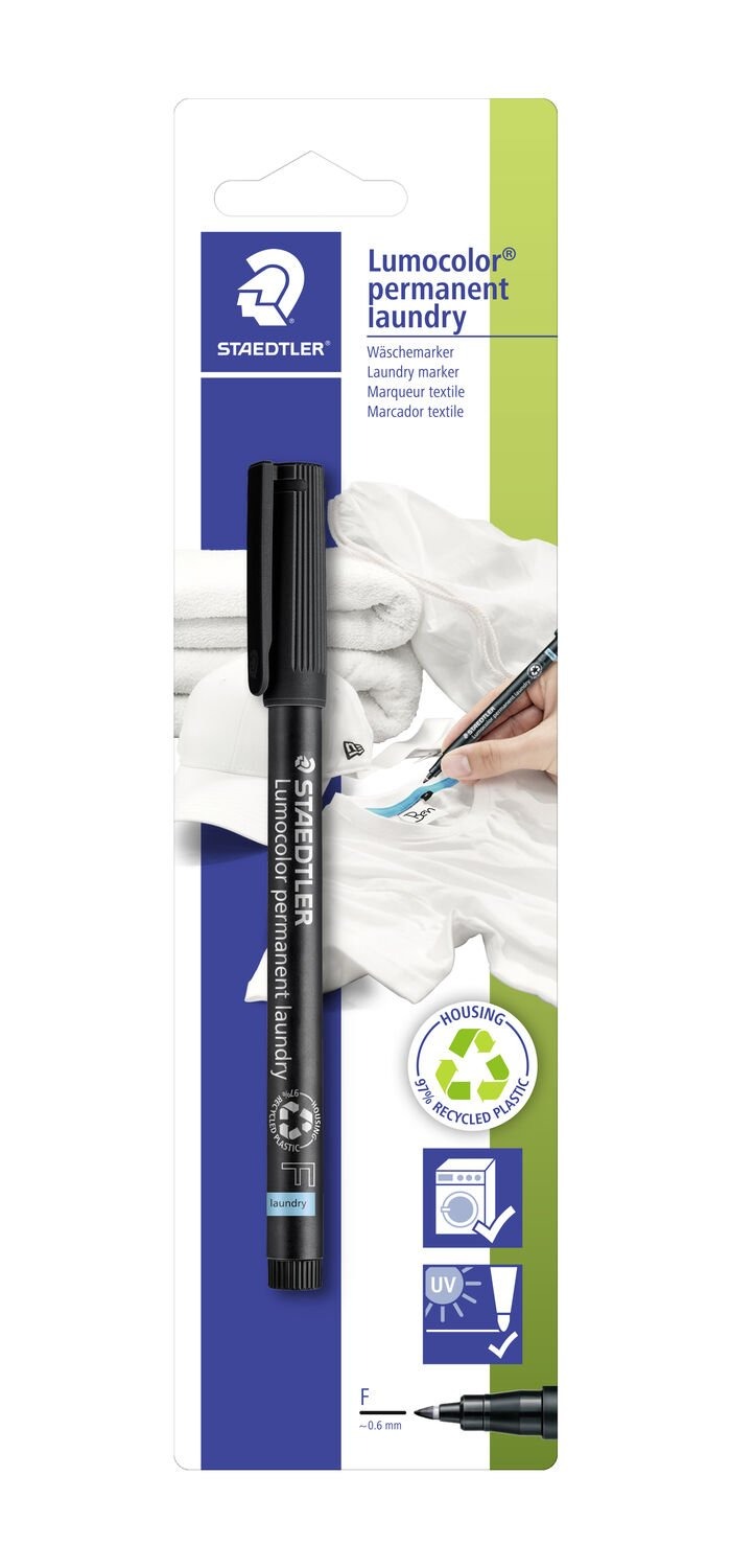Schwarzer Wäschemarker in Verpackung. Geeignet für Textilien, mit feiner Spitze.