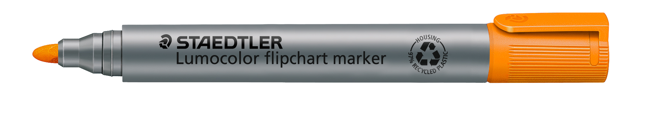 Grauer Flipchart-Marker mit orangefarbener Kappe. Die Spitze ist rund und orange.