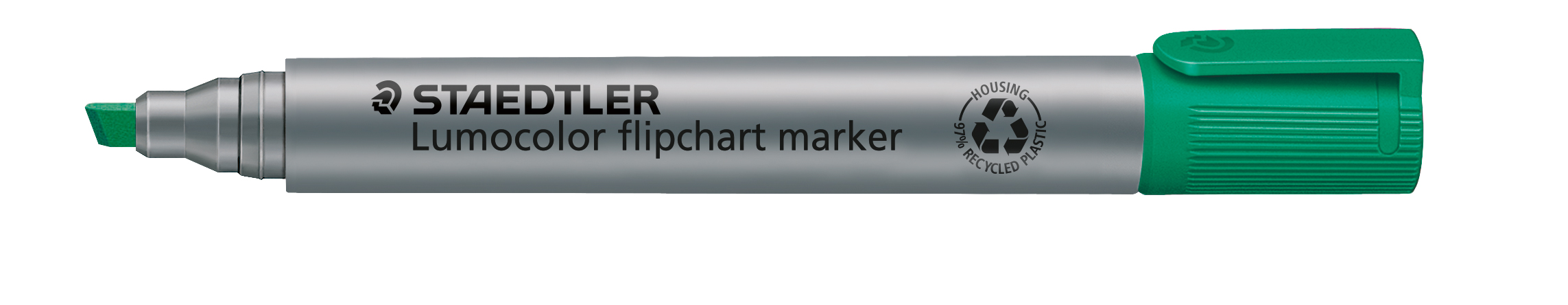 Grüner Flipchart-Marker mit breiter Spitze. Der Körper ist silberfarben und aus recyceltem Kunststoff.