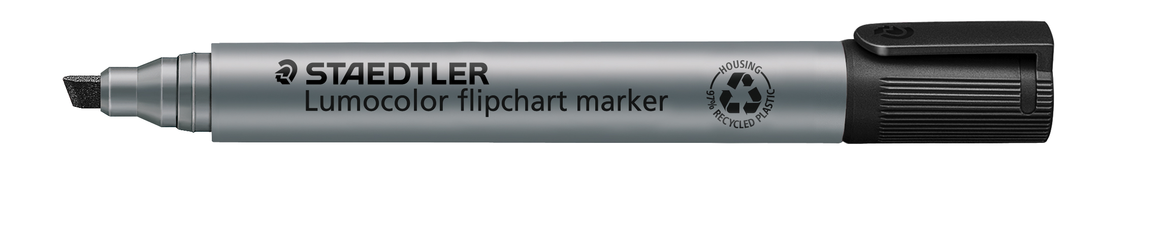 grauer Flipchart-Marker mit breiter Spitze. Auf dem Gehäuse steht 'STAEDTLER Lumocolor flipchart marker'.
