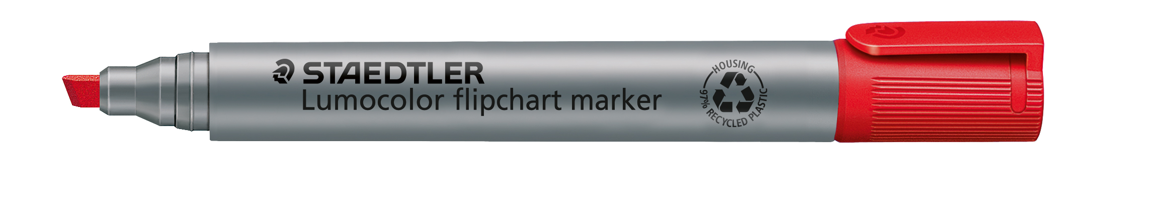 Grauer Flipchart-Marker mit roter Spitze. Aufschrift 'Lumocolor flipchart marker'.