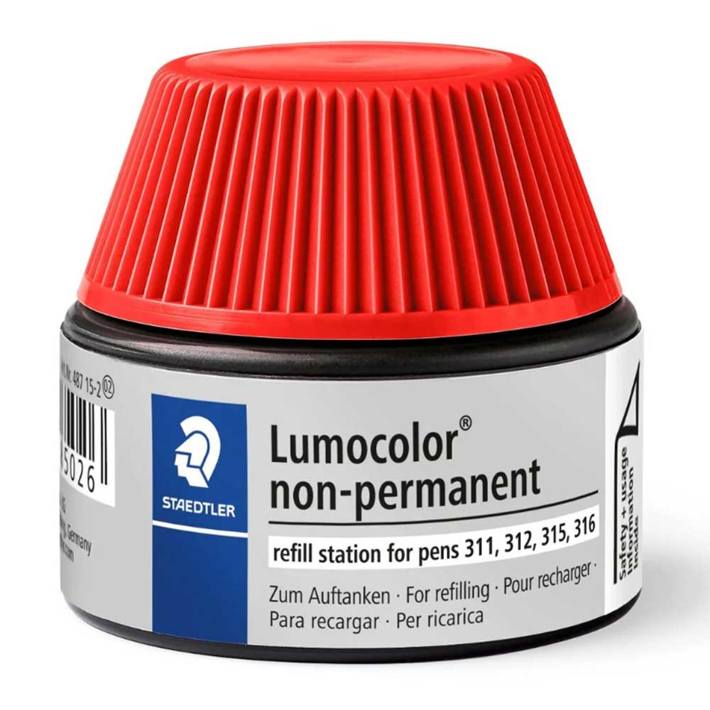 Schwarze Nachfüllstation für Lumocolor Stifte. Roter Deckel mit geriffelter Oberfläche.