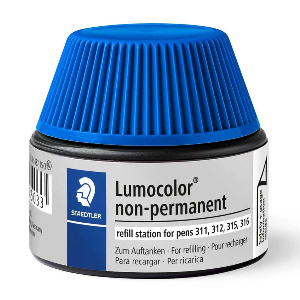 Schwarze Nachfüllstation für Lumocolor Stifte. Blauer Deckel mit geriffelter Oberfläche.