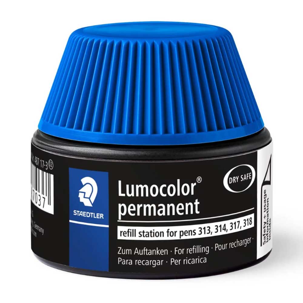 Schwarze Nachfüllstation für Lumocolor Permanentmarker. Blauer Deckel mit Rillenstruktur.
