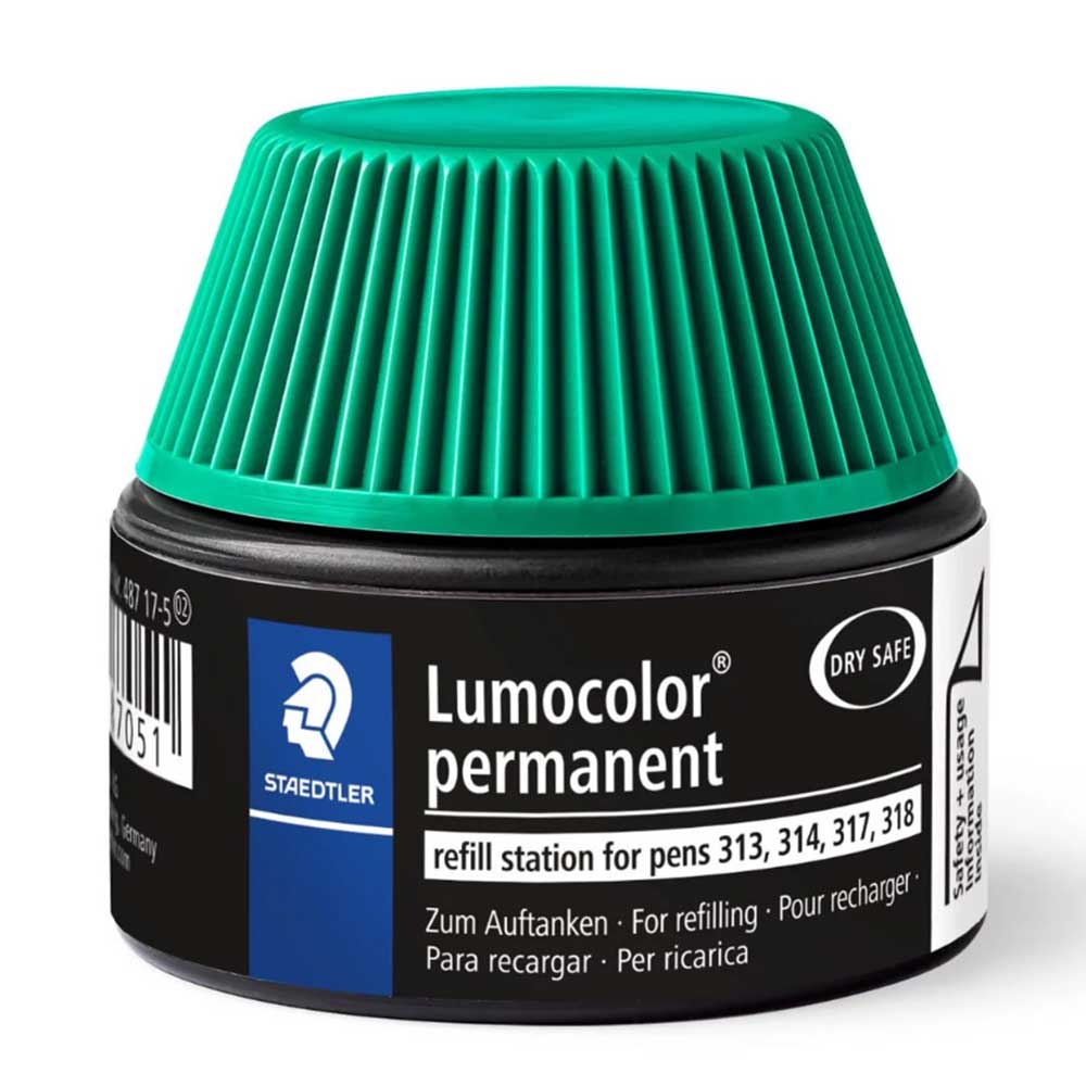 Schwarze Nachfüllstation für Lumocolor Permanentmarker. Grüner Deckel mit Rillenstruktur.
