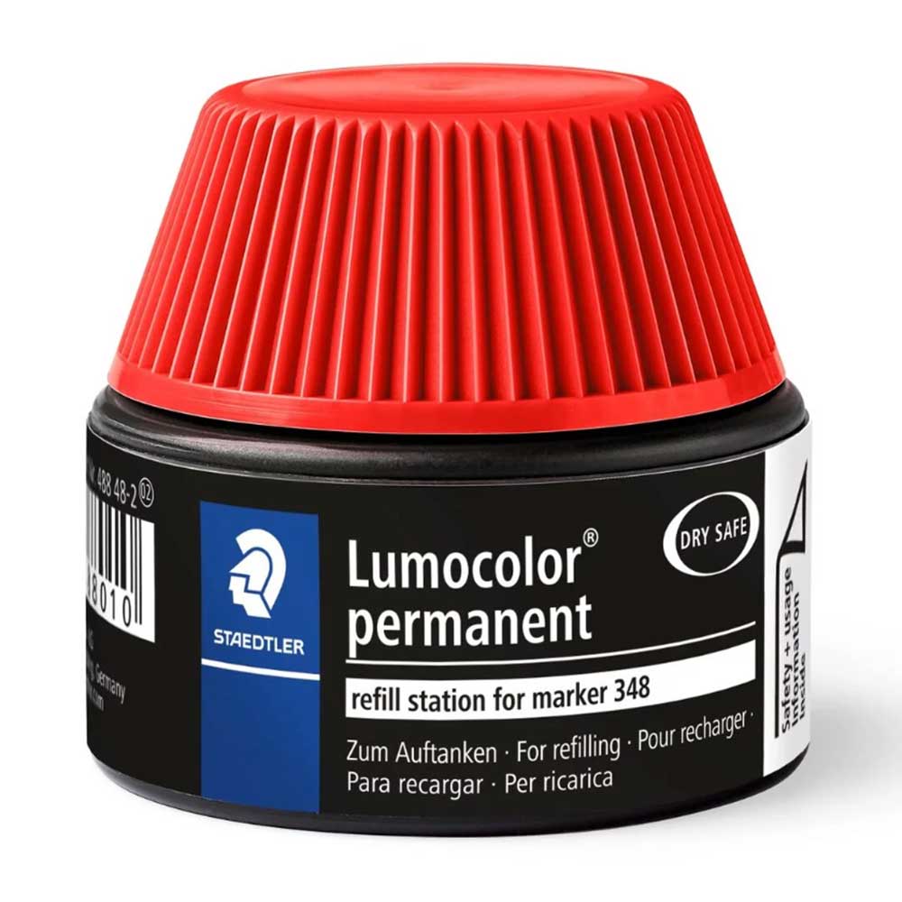 Schwarze Nachfüllstation für Marker mit rotem Deckel. Aufschrift 'Lumocolor permanent'.