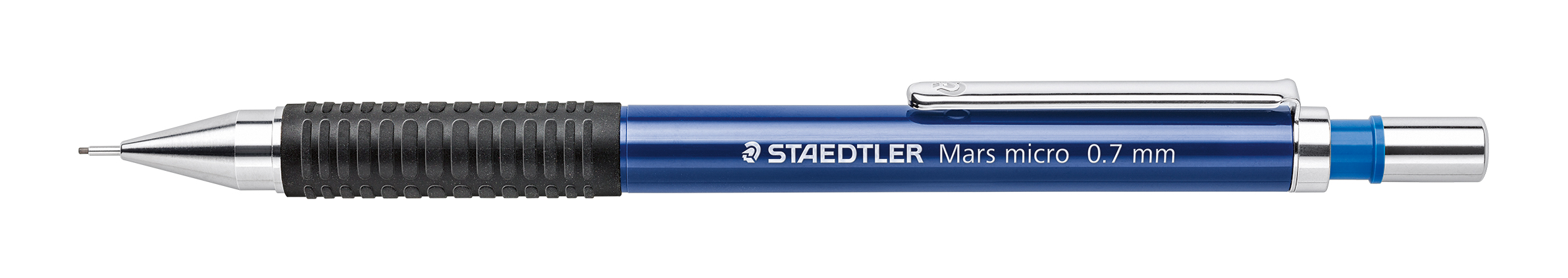 blauer Druckbleistift mit gummiertem Griff. Die Mine hat einen Durchmesser von 0,7 mm.