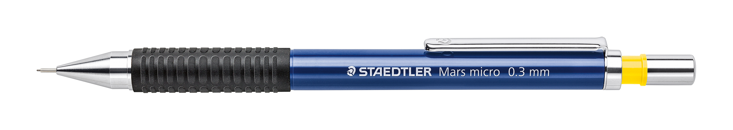blauer Druckbleistift mit 0,3 mm Mine. Gummierter Griff und Metallclip.