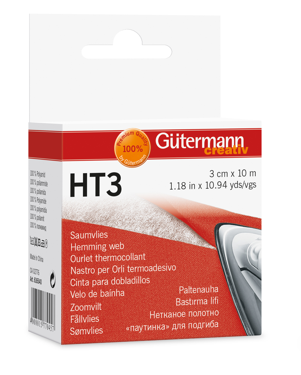 Verpackung für ein thermoklebendes Saumvlies. Es zeigt die Anwendung und verschiedene Sprachen.