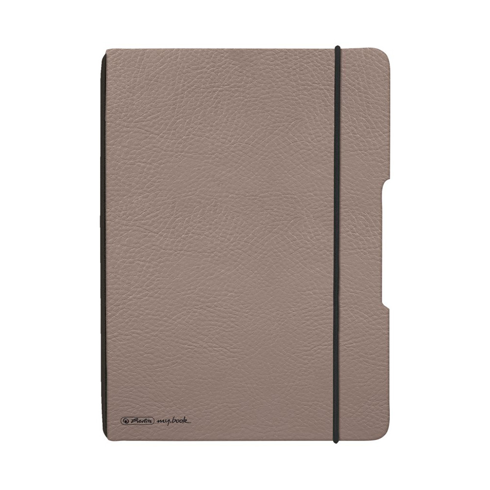 Beige Buchhülle aus Kunstleder mit elastischem Verschluss. Schlichtes Design ohne Muster.