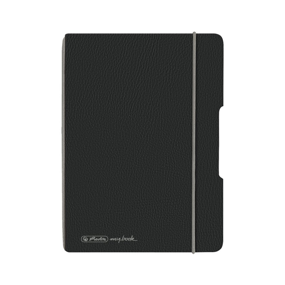 Schwarzes Notizbuch mit strukturiertem Cover. Gummiband zum Verschließen.