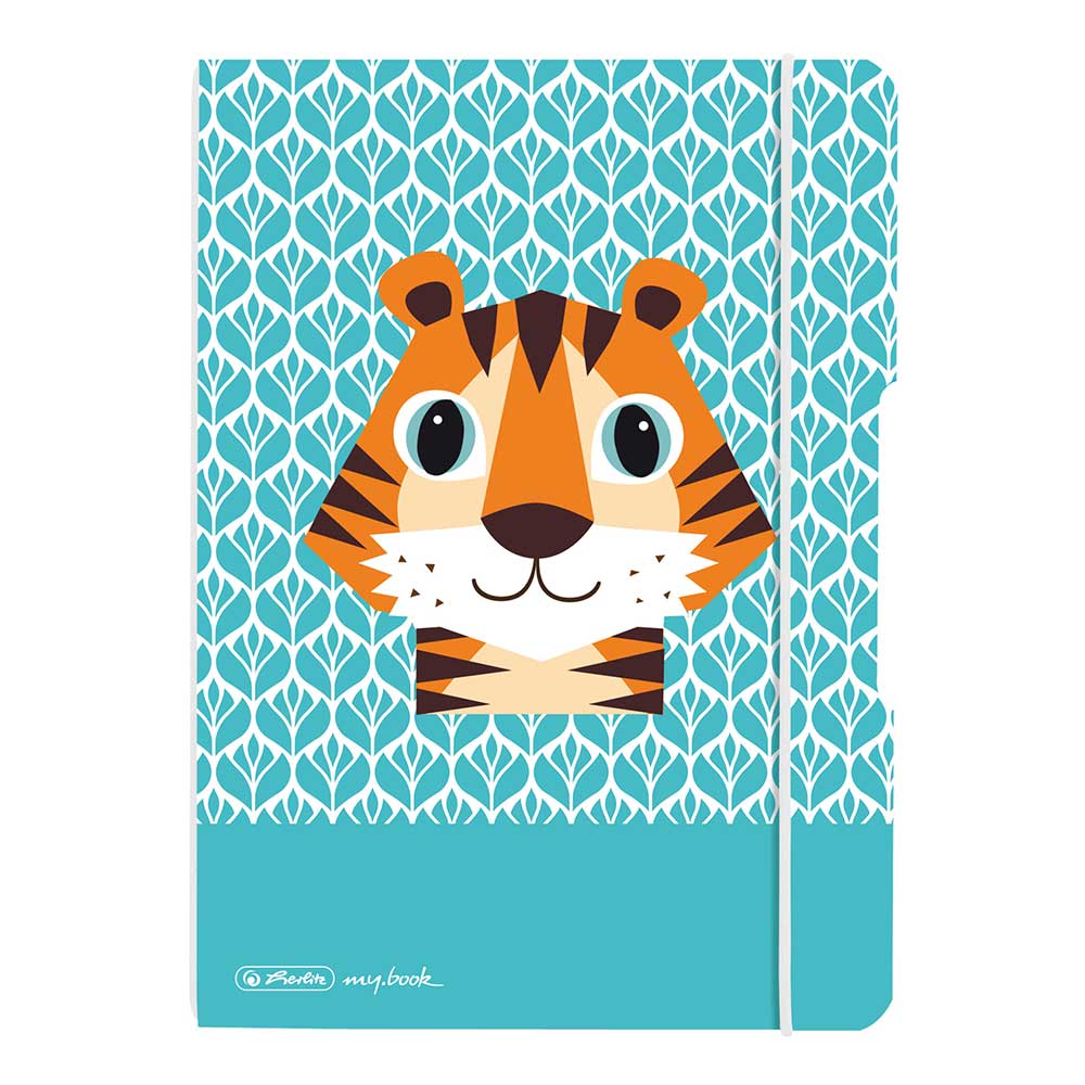 Notizbuch mit einem bunten Tigerkopf auf der Vorderseite. Hintergrund in Türkis mit einem Blattmuster.