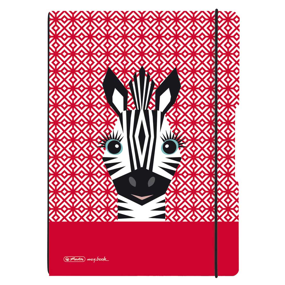 Notizbuch mit einem Zebra-Motiv auf rotem Hintergrund. Das Zebra hat große Augen und einen freundlichen Gesichtsausdruck.