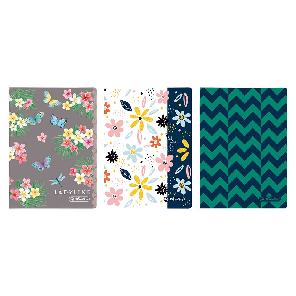 Drei Notizbuch-Cover mit verschiedenen Designs. Blumenmuster, Schmetterlinge und geometrische Formen.