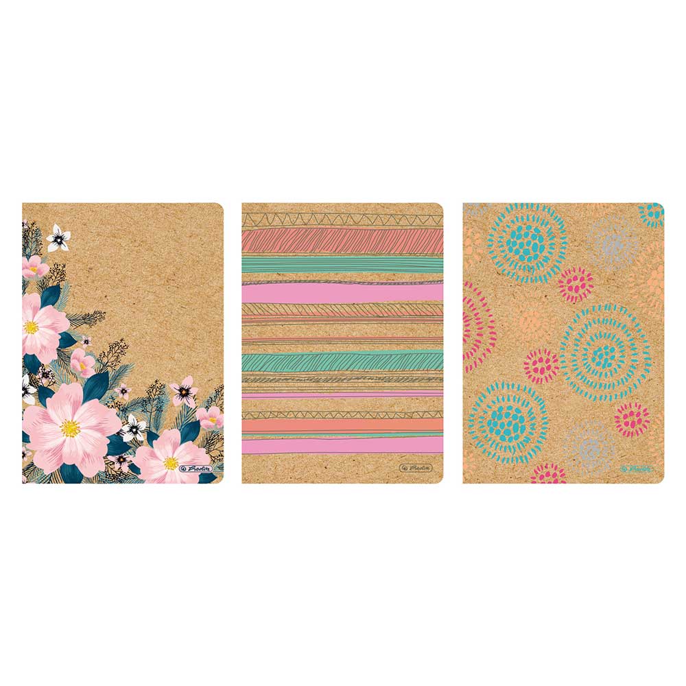 Drei Notizhefte mit unterschiedlichen Designs. Eins mit Blumen, eins mit bunten Streifen und eins mit kreisförmigen Mustern.