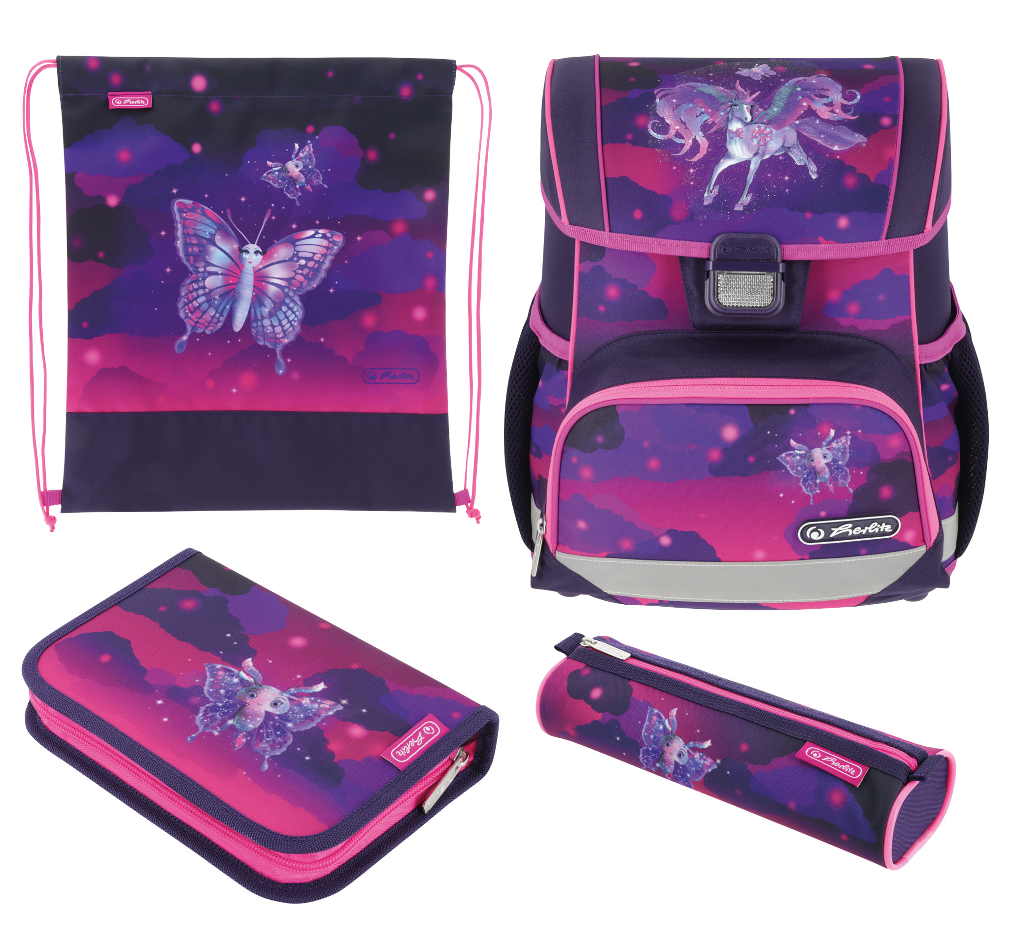 Schulranzen und Zubehör in lila und pink. Motive von Schmetterlingen und einem Einhorn.
