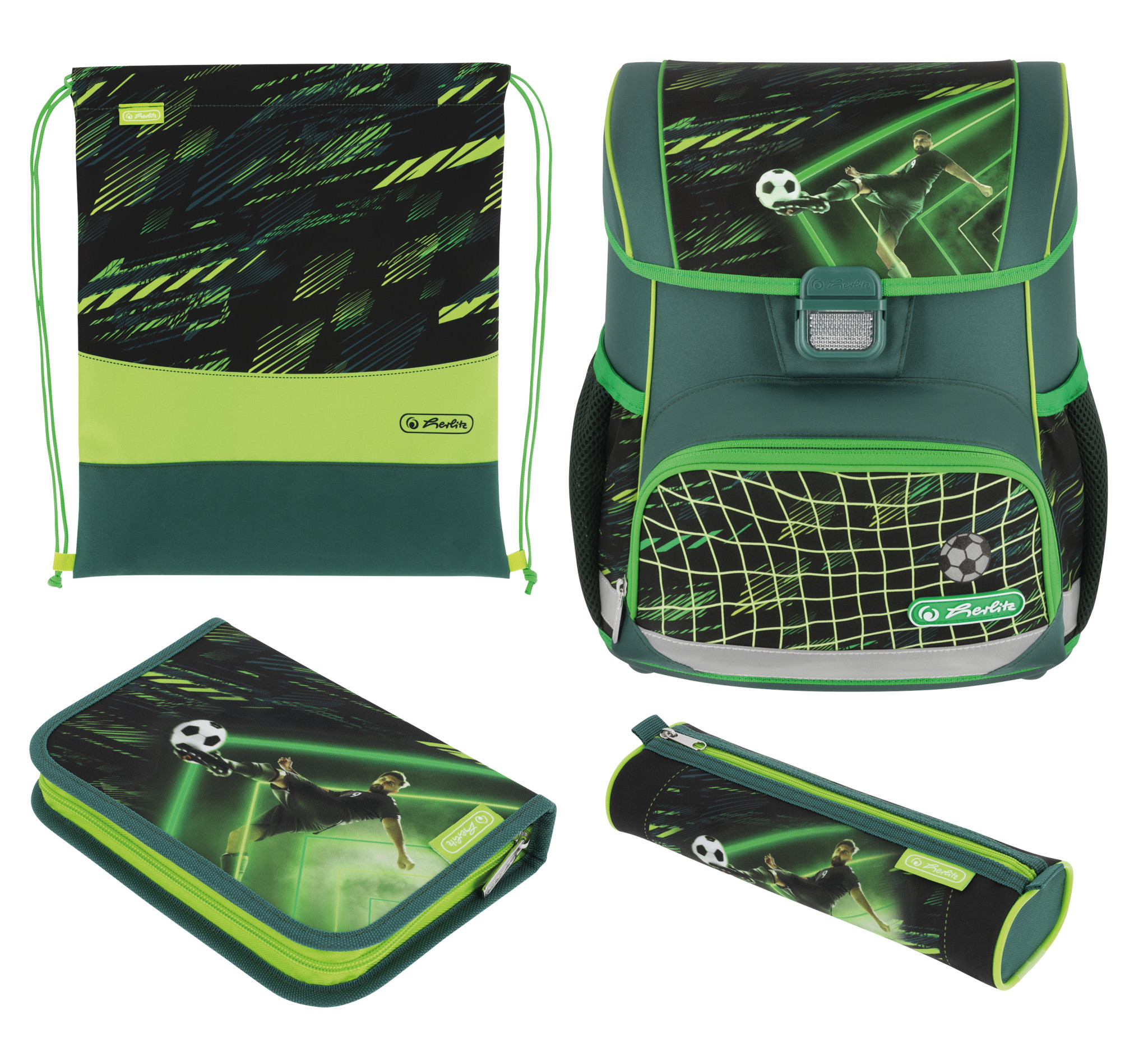 Schulranzen-Set in grün und schwarz. Enthält einen Rucksack, eine Sporttasche, ein Federmäppchen und eine Schlamperrolle. Fußballmotiv auf den Taschen. Modernes, sportliches Design.