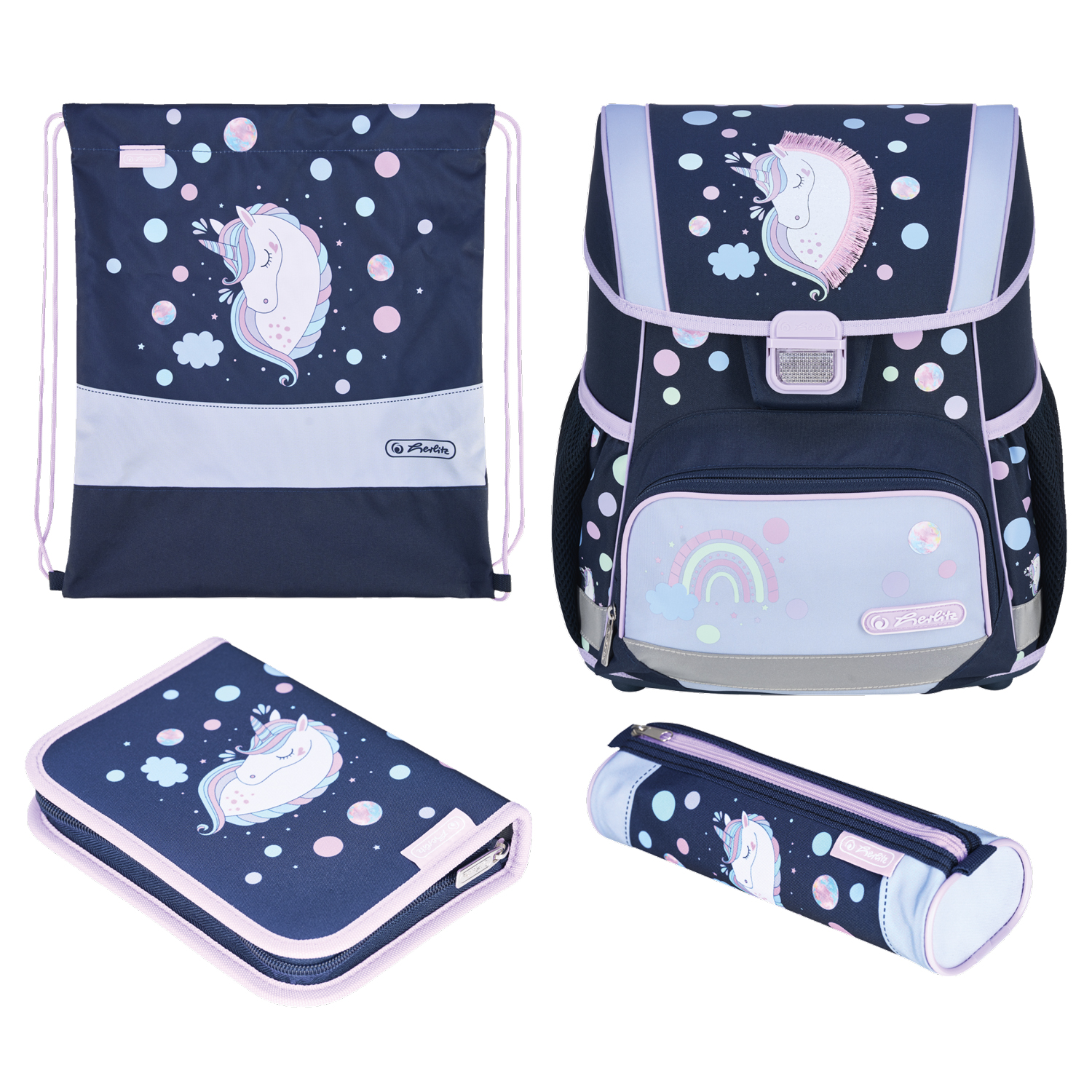 Schulrucksack und Zubehör im Einhorn-Design. Dunkelblau mit bunten Punkten und einem Regenbogen.