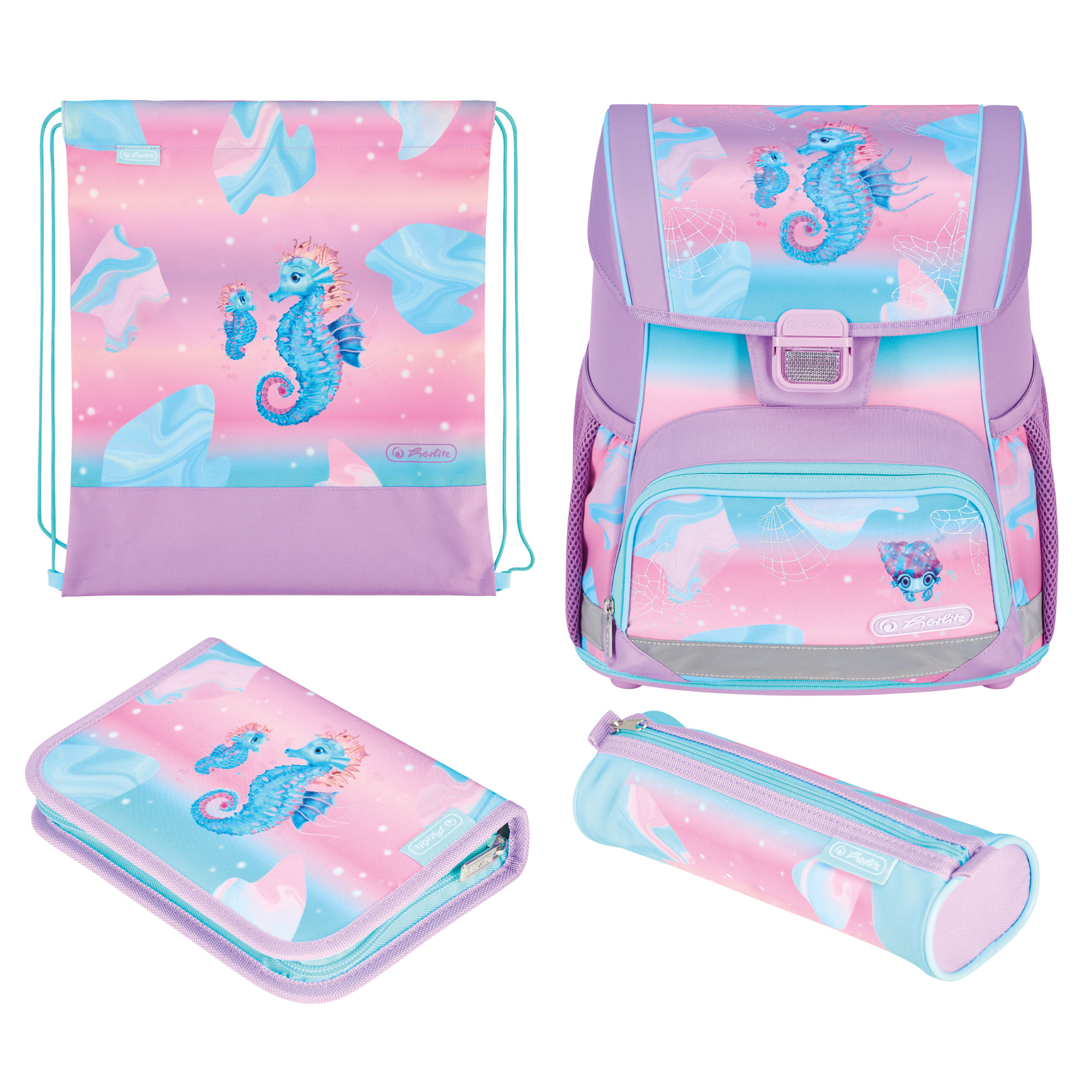 Schulranzen-Set in Pastellfarben mit Seepferdchen-Motiv. Enthält Rucksack, Sportbeutel, Federmäppchen und Schreibmappe.