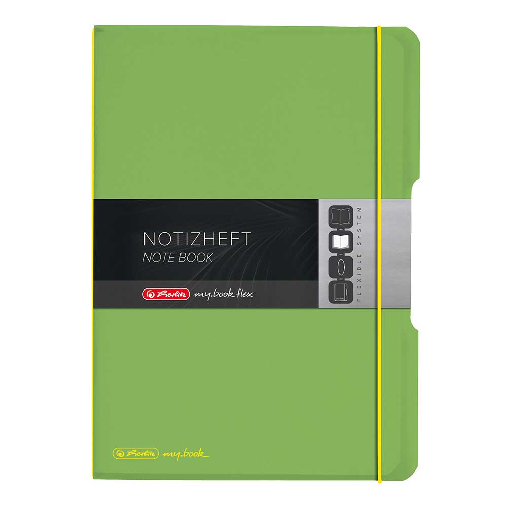 Grünes Notizheft mit schwarzem Aufkleber. Enthält den Text 'NOTIZHEFT' und 'NOTE BOOK'.