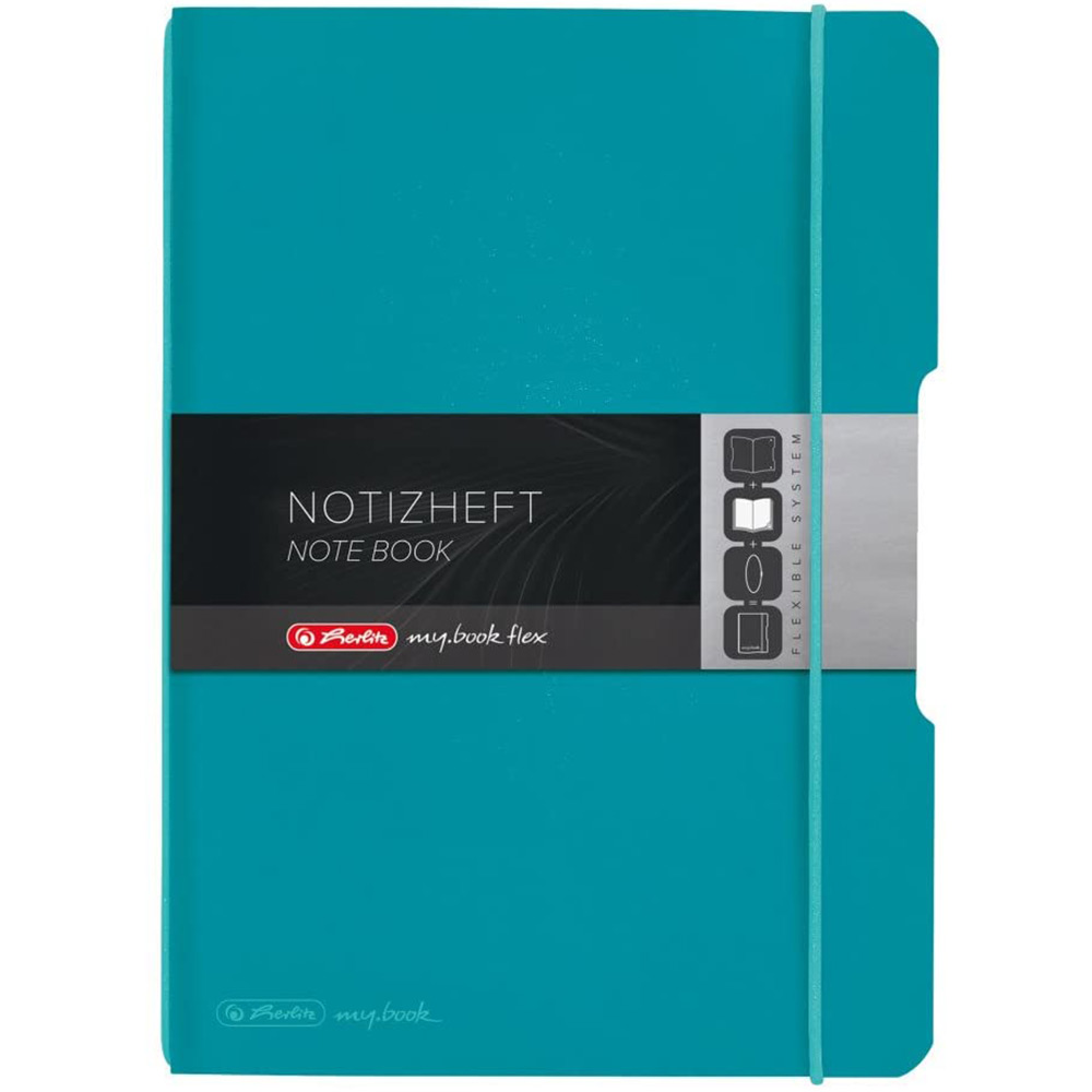 Türkisfarbenes Notizheft mit flexiblem Einband. Auf dem Cover steht 'Notizheft' und 'Note Book'.