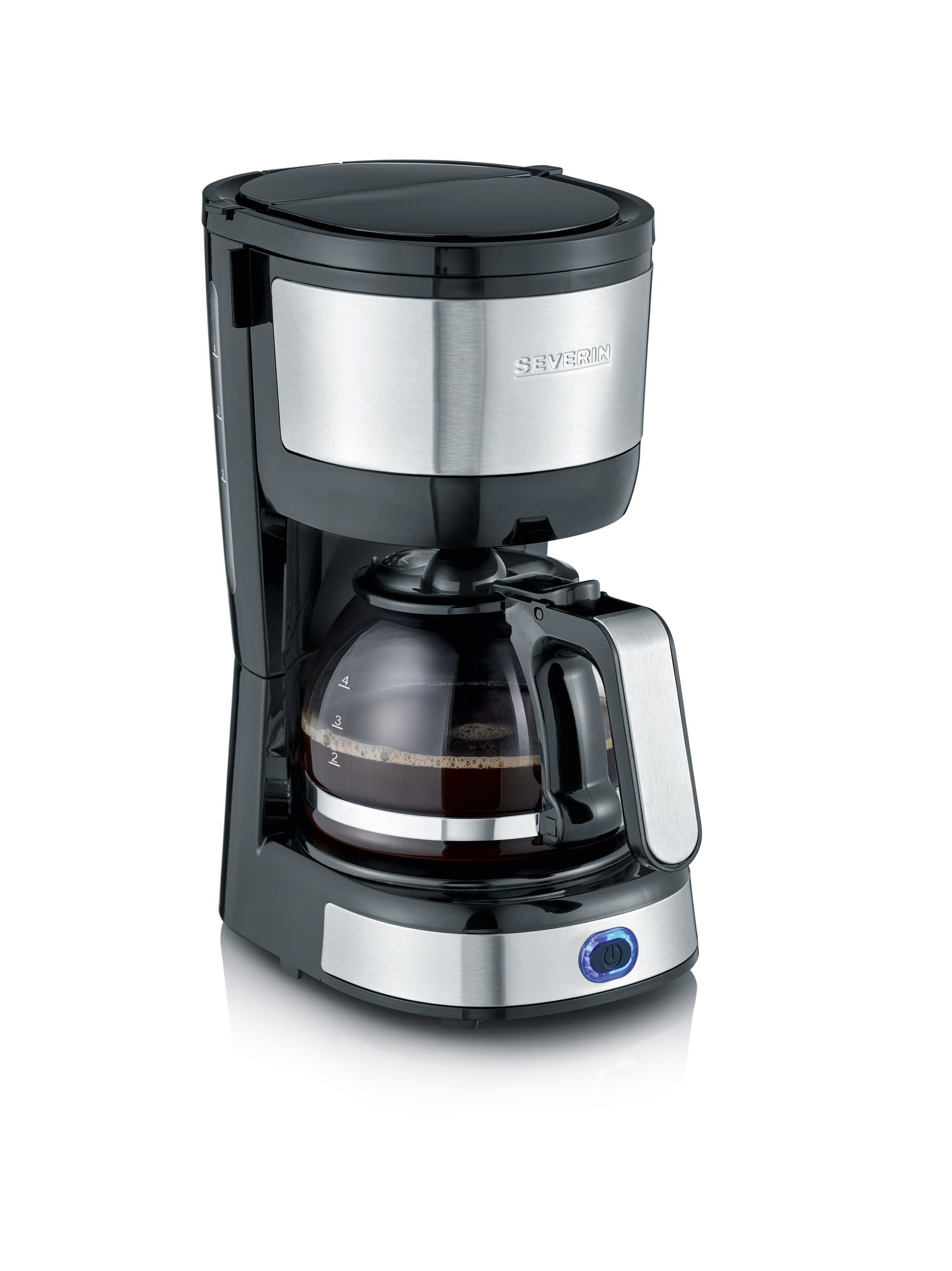 Kaffeemaschine in Schwarz und Silber. Mit Glaskanne und blauer Kontrollleuchte.