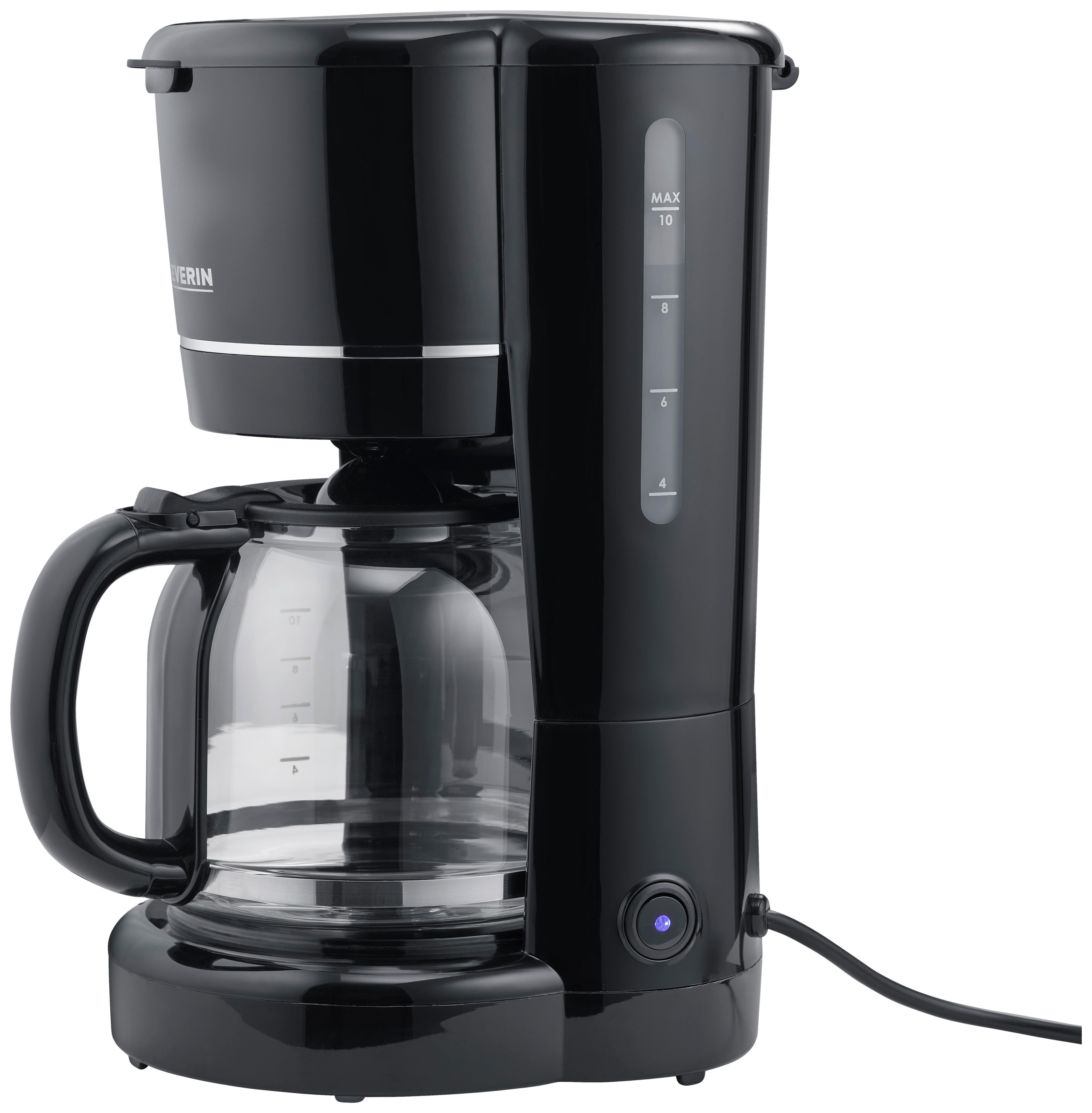 schwarze Kaffeemaschine mit Glaskanne. Maximal 10 Tassen, einfache Bedienung.