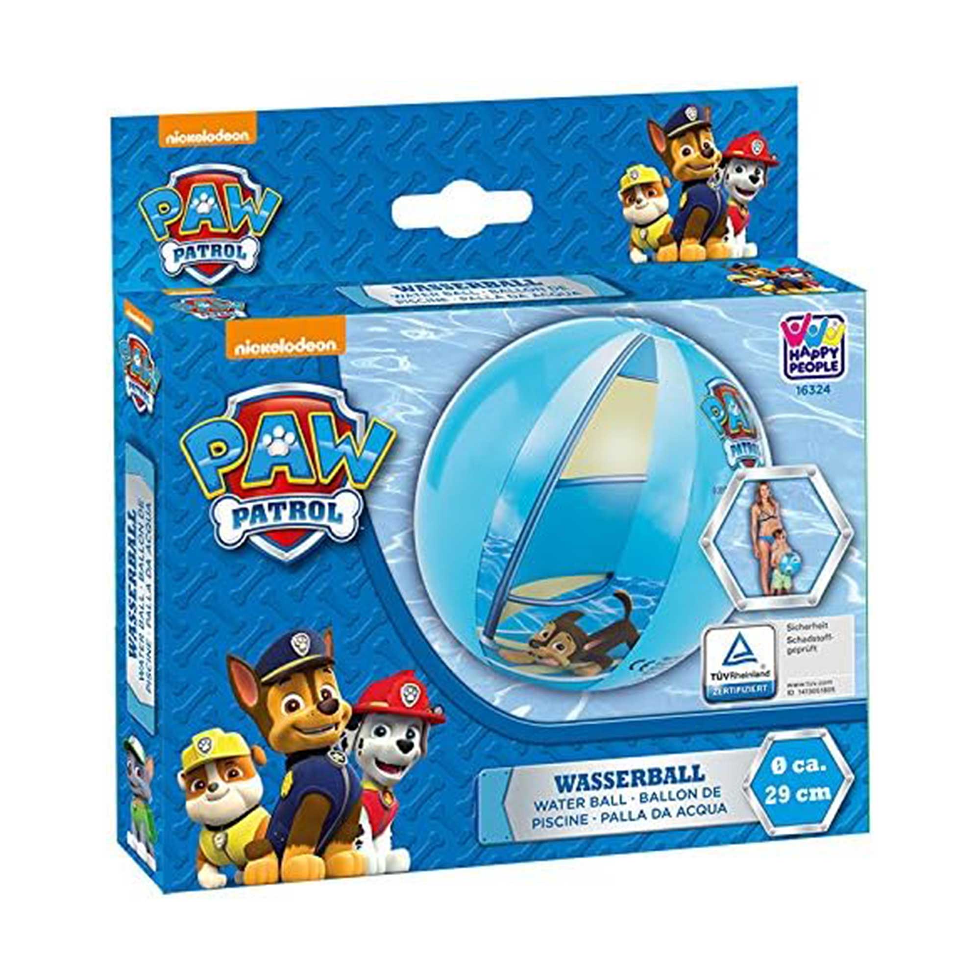 Wasserball in blauer Farbe mit Paw Patrol Motiven. Verpackung zeigt die Ballgröße von 29 cm.