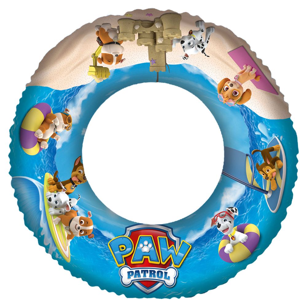 Schwimmring mit Paw Patrol Motiven. Bunte Hunde und Strand-Szenen auf blauem Hintergrund.