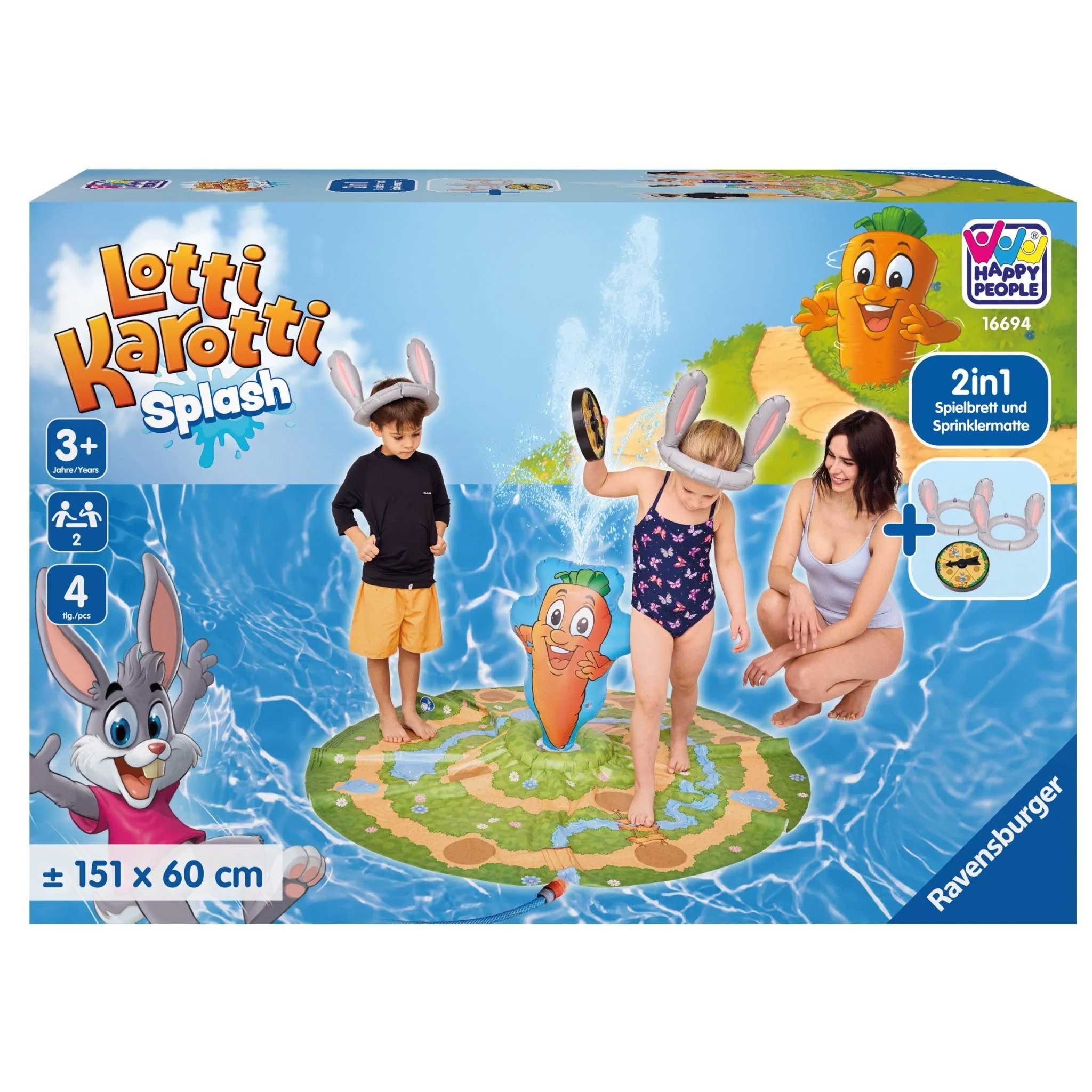 Spielset Lotti Karotti Splash. Enthält Sprinklermatte und Spielbrett mit Karottenfigur.