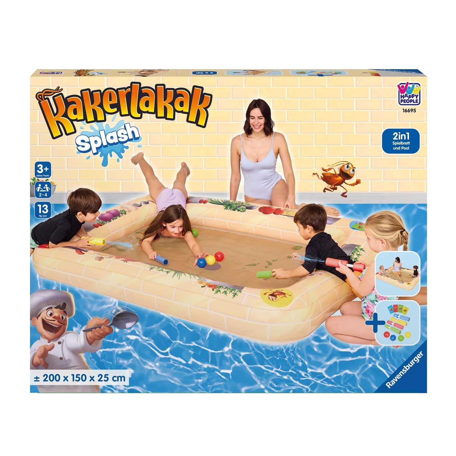 Aufblasbarer Spiel- und Planschpool für Kinder. Vier Kinder spielen mit bunten Bällen und Wasserpistolen.
