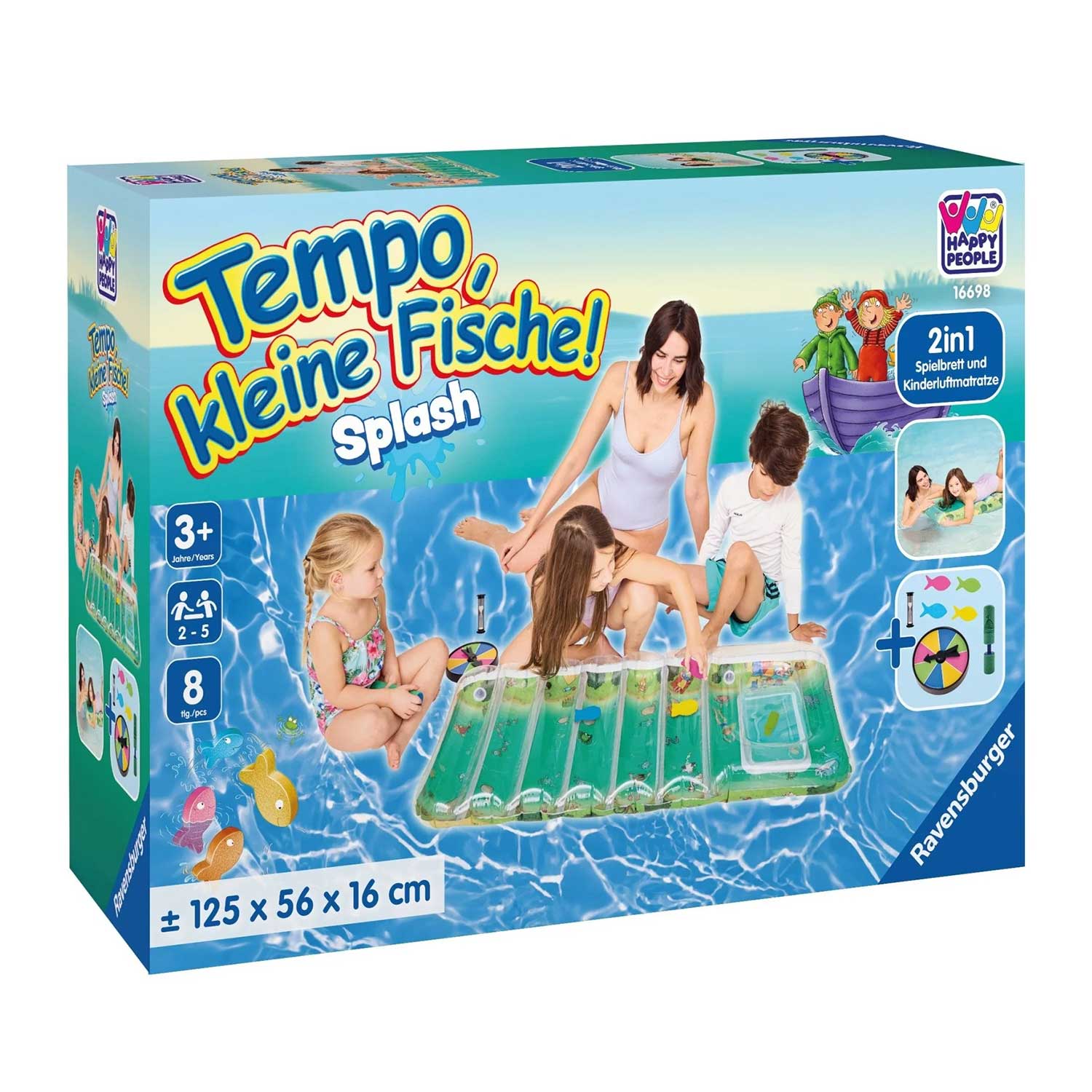 Spielset 'Tempo, kleine Fische! Splash'. Bunte Verpackung. Enthält Spielbrett und Luftmatratze. Für 2-5 Spieler, ab 3 Jahren. Abgebildete Kinder und Erwachsene spielen im Wasser.