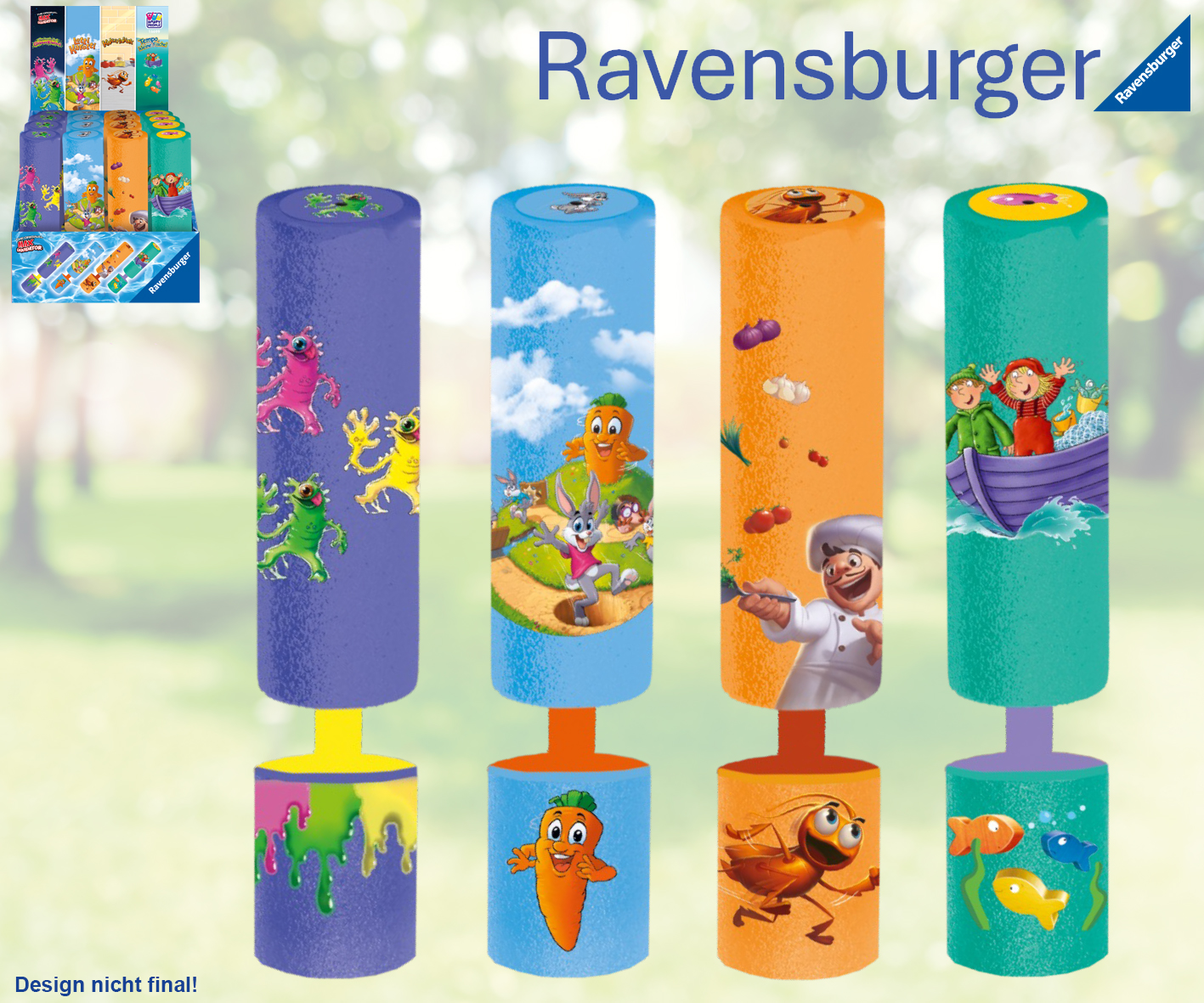 Vier bunte Zylinder mit verschiedenen Illustrationen. Designs zeigen Charaktere und Szenen aus Spielen.