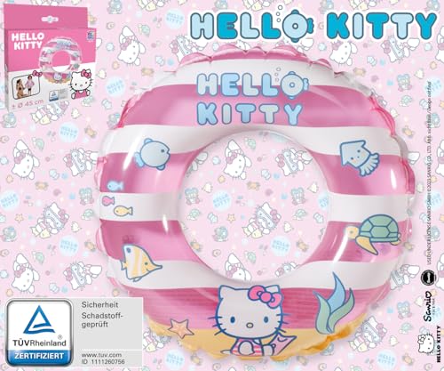 Schwimmring mit Hello Kitty Motiv. Rosa und weiße Streifen, kleine Meereslebewesen abgebildet.
