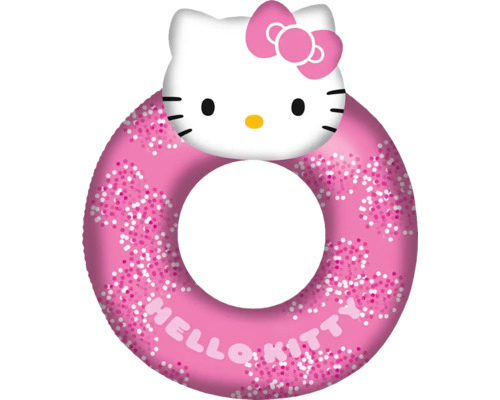 Runder Schwimmring in Pink mit Hello Kitty Kopf. Glitzernde Oberfläche. Schriftzug 'HELLO KITTY' auf der Seite.