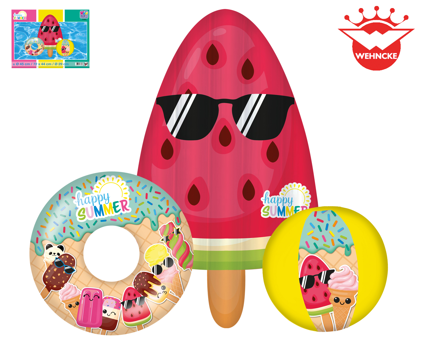 Drei sommerliche Schwimmspielzeuge. Ein Wassermelonen-Eis am Stiel, ein Donut mit bunten Streuseln und ein gelber Ball.
