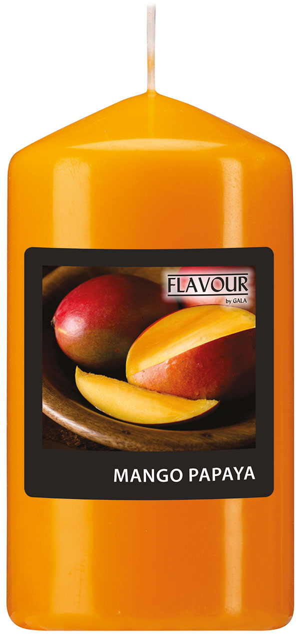 Gelbe Kerze in rechteckiger Form. Auf dem Etikett sind Mangos abgebildet, mit dem Schriftzug Mango Papaya.
