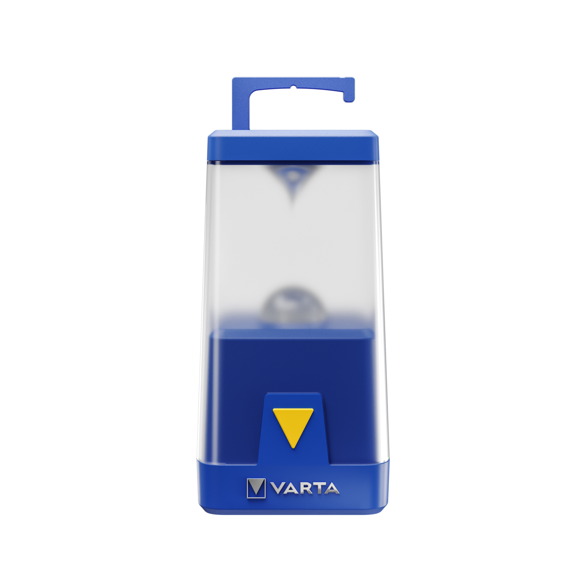 tragbare Lampe in Blau. Transparente Oberseite. Gelbes Dreieck auf der Vorderseite. Haken zum Aufhängen.