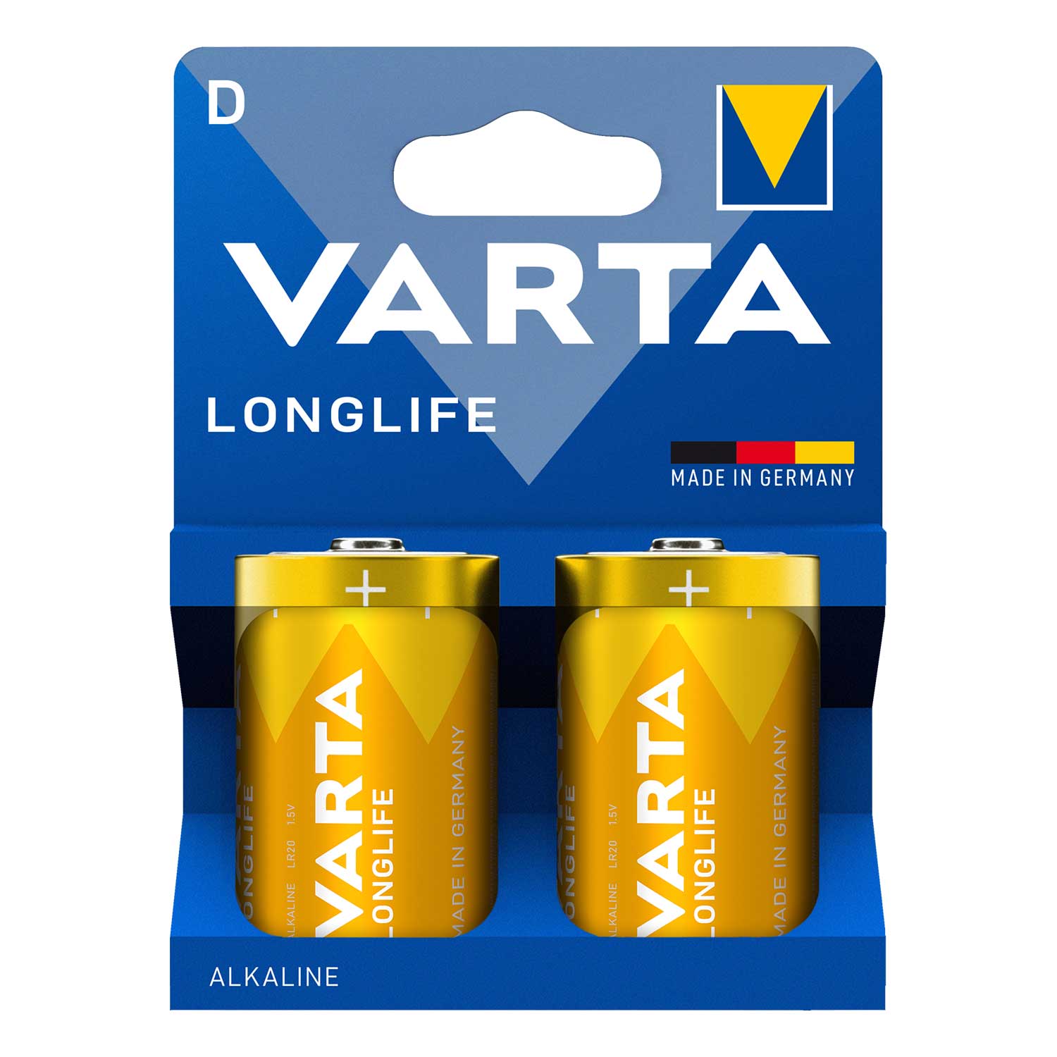 Zwei gelbe Alkaline-Batterien im Blister. Auf der Verpackung steht 'VARTA LONGLIFE'. Hergestellt in Deutschland.